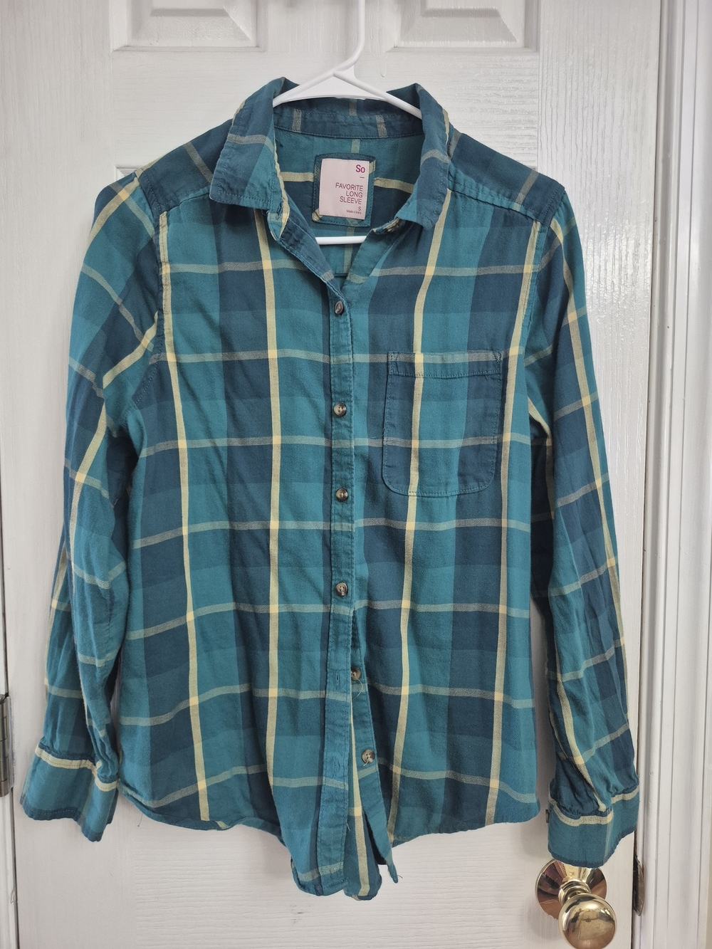 SO Teal and Yellow Plaid Button-Down Shirt